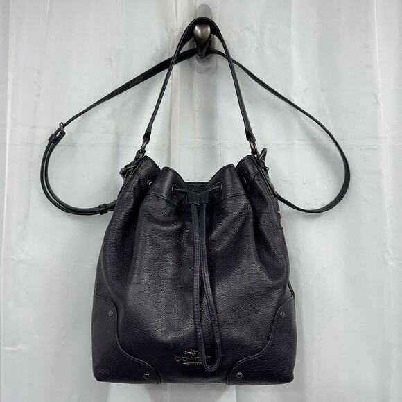 Coach Mickey Navy Blue Bucket Crossbody Leather Pebbled Shoulder Hobo Bag - Picture 3 of 14